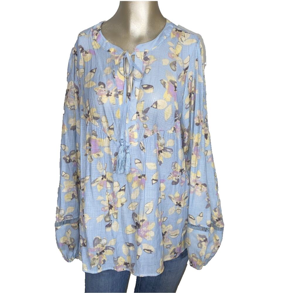Zac & Rachel Size L Women Floral Front Tie Long Sleeve Textured Flowy Blouse